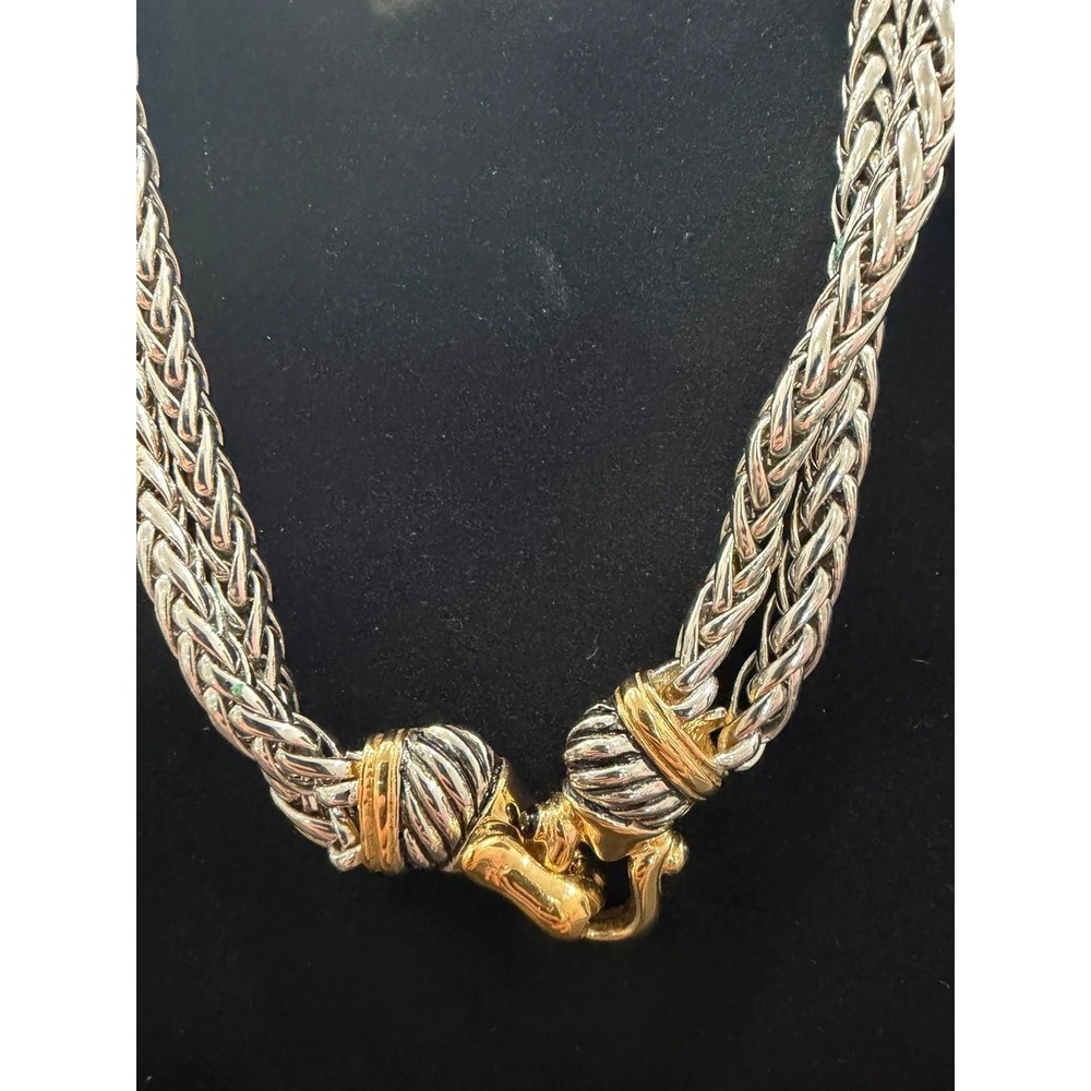 Vintage Style Two-Tone Braided Necklace Gold & Silver Tone Hook Clasp Statement